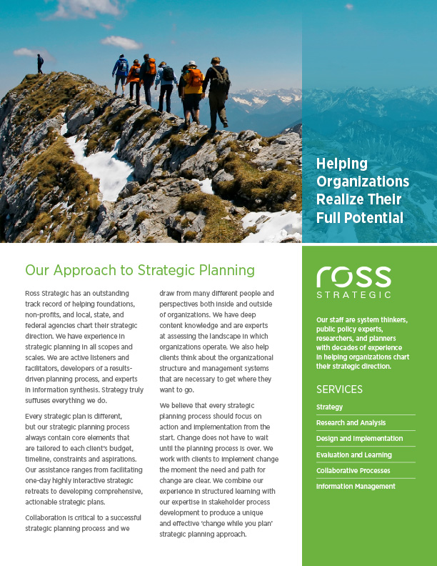Cover image of fact sheet titled Helping Organizations Reach Their Full Potential: Our Approach to Strategic Planning